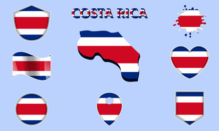 Collection of flags and coats of arms of Costa Rica in flat style with map and text.のイラスト素材
