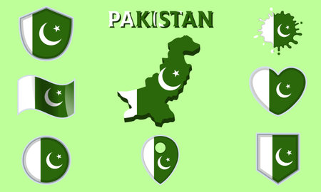 Collection of flags and coats of arms of Pakistan in flat style with map and text.のイラスト素材