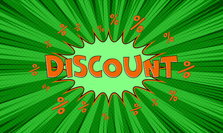 Vector green advertising banner with text discount in pop art comics styleのイラスト素材