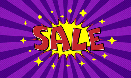 Vector purple advertising banner with text sale in pop art comics styleのイラスト素材