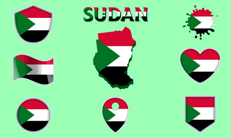 Collection of flags and coats of arms of Sudan in flat style with map and text.のイラスト素材