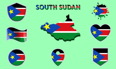 Collection of flags and coats of arms of South Sudan in flat style with map and text.のイラスト素材
