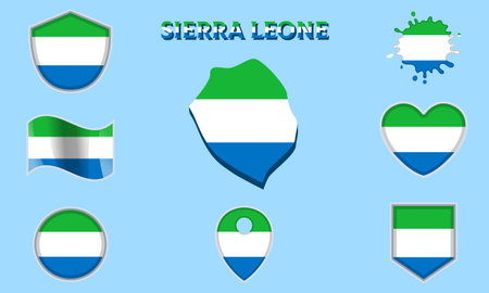 Collection of flags and coats of arms of Sierra Leone in flat style with map and text.のイラスト素材