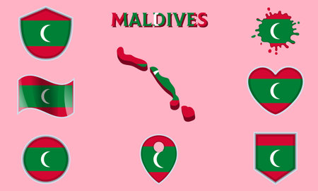 Collection of flags and coats of arms of Maldives in flat style with map and text.のイラスト素材