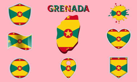 Collection of flags and coats of arms of Grenada in flat style with map and text.のイラスト素材