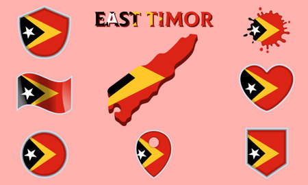 Collection of flags and coats of arms of East Timor in flat style with map and text.のイラスト素材