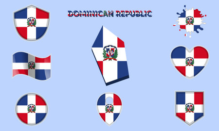 Collection of flags and coats of arms of Dominican Republic in flat style with map and text.のイラスト素材