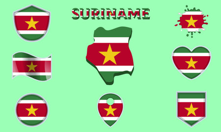 Collection of flags and coats of arms of Suriname in flat style with map and text.のイラスト素材