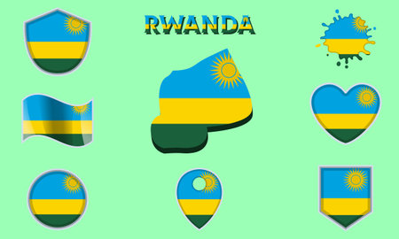 Collection of flags and coats of arms of Rwanda in flat style with map and text.のイラスト素材
