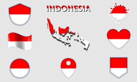 Collection of flags and coats of arms of Indonesia in flat style with map and text.のイラスト素材