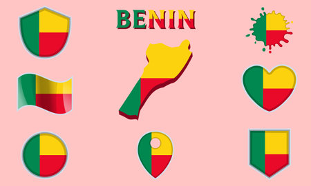Collection of flags and coats of arms of Benin in flat style with map and text.のイラスト素材