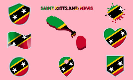 Collection of flags and coats of arms of Saint Kitts and Nevis in flat style with map and text.のイラスト素材