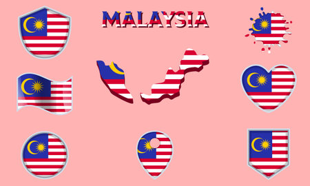 Collection of flags and coats of arms of Malaysia in flat style with map and text.のイラスト素材