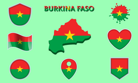 Collection of flags and coats of arms of Burkina Faso in flat style with map and text.のイラスト素材