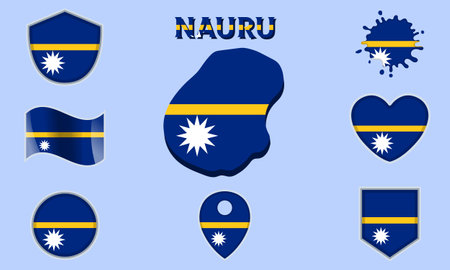 Collection of flags and coats of arms of Nauru in flat style with map and text.のイラスト素材