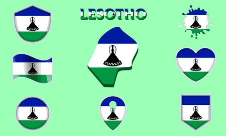 Collection of flags and coats of arms of Lesotho in flat style with map and text.のイラスト素材