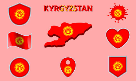 Collection of flags and coats of arms of Kyrgyzstan in flat style with map and text.のイラスト素材