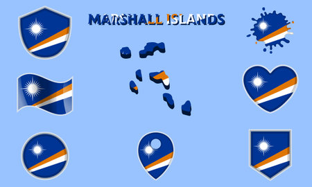 Collection of flags and coats of arms of Marshall Islands in flat style with map and text.のイラスト素材