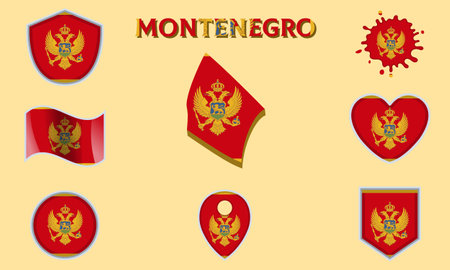 Collection of flags and coats of arms of Montenegro in flat style with map and text.のイラスト素材