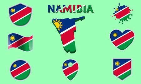 Collection of flags and coats of arms of Namibia in flat style with map and text.のイラスト素材
