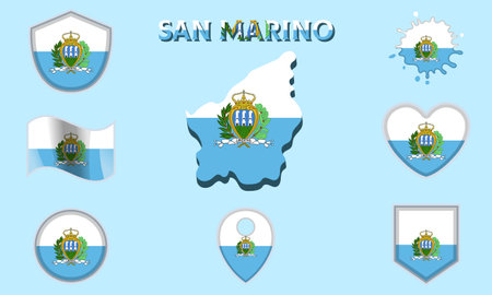 Collection of flags and coats of arms of San Marino in flat style with map and text.のイラスト素材