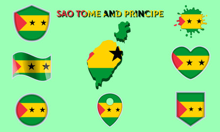Collection of flags and coats of arms of Sao Tome and Principe in flat style with map and text.のイラスト素材