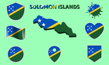 Collection of flags and coats of arms of Solomon islands in flat style with map and text.のイラスト素材