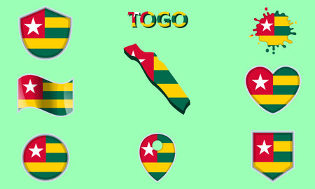 Collection of flags and coats of arms of Togo in flat style with map and text.のイラスト素材