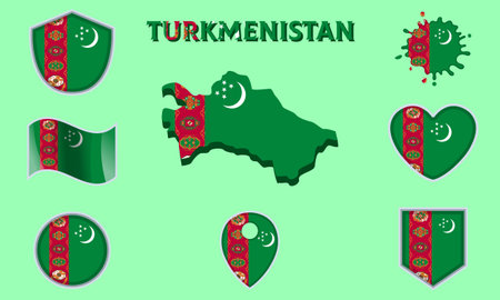 Collection of flags and coats of arms of Turkmenistan in flat style with map and text.のイラスト素材