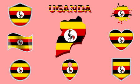 Collection of flags and coats of arms of Uganda in flat style with map and text.のイラスト素材
