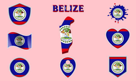 Collection of flags and coats of arms of Belize in flat style with map and text.のイラスト素材