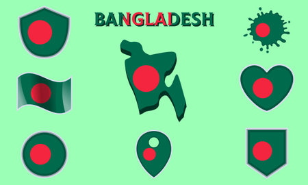 Collection of flags and coats of arms of Bangladesh in flat style with map and text.のイラスト素材