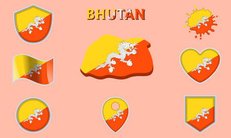 Collection of flags and coats of arms of Bhutan in flat style with map and text.のイラスト素材