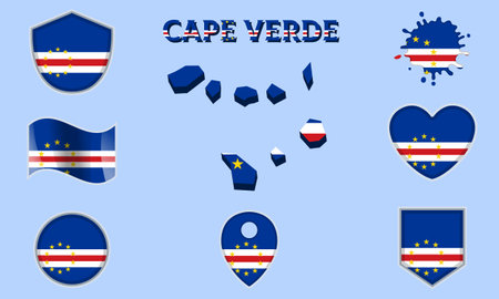 Collection of flags and coats of arms of Cape Verde in flat style with map and text.のイラスト素材