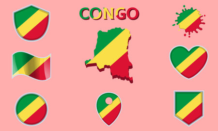 Collection of flags and coats of arms of Congo in flat style with map and text.のイラスト素材