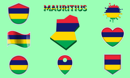 Collection of flags and coats of arms of Mauritius in flat style with map and text.のイラスト素材