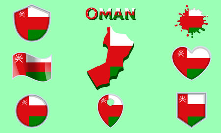 Collection of flags and coats of arms of Oman in flat style with map and text.のイラスト素材