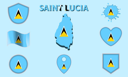 Collection of flags and coats of arms of Saint Lucia in flat style with map and text.のイラスト素材
