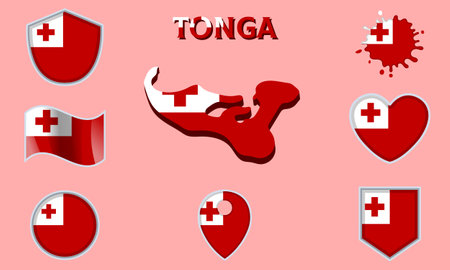Collection of flags and coats of arms of Tonga in flat style with map and text.のイラスト素材