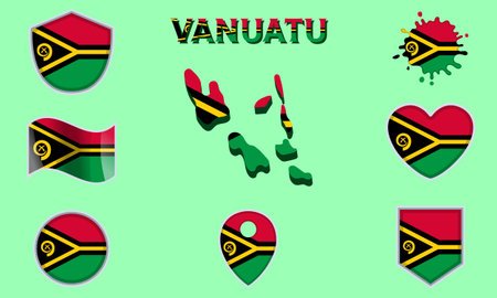 Collection of flags and coats of arms of Vanuatu in flat style with map and text.のイラスト素材