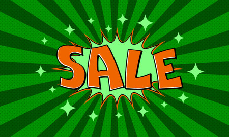 Vector green advertising banner with text sale in pop art comics styleのイラスト素材