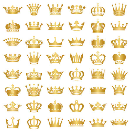 Medieval set of golden gradient royal crown queen monarch silhouette icons set vector isolated illustrationのイラスト素材