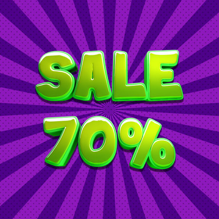 Sale 70 percent green text on cartoon purple background