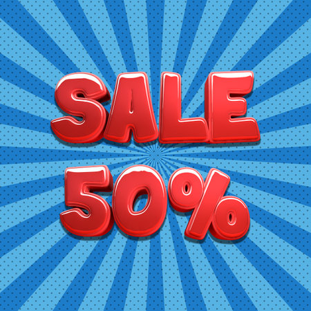 Sale 50 percent red text on cartoon blue backgroundの写真素材