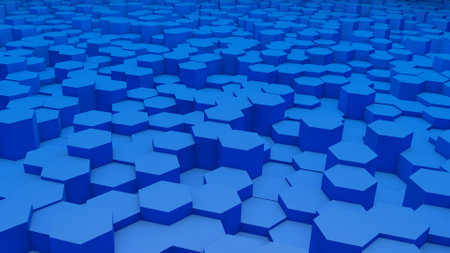 Abstract yellow modern architecture 3D background with blue hexagon in perspectiveの写真素材