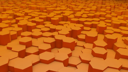 Abstract yellow modern architecture 3D background with orange hexagon in perspectiveの写真素材