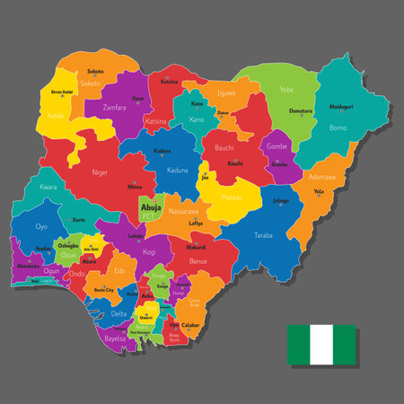 Vector map of Nigeria with names of cities and with borders cityのイラスト素材