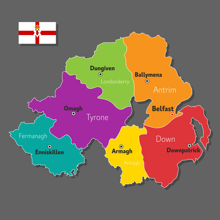 Vector map of Northern Ireland with names of cities and with borders cityのイラスト素材