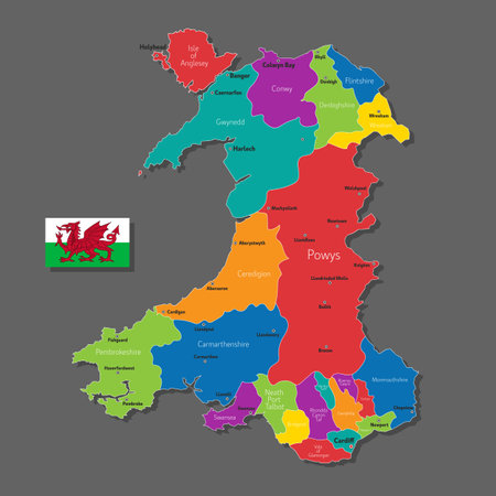 Vector map of Wales with names of cities and with borders cityのイラスト素材