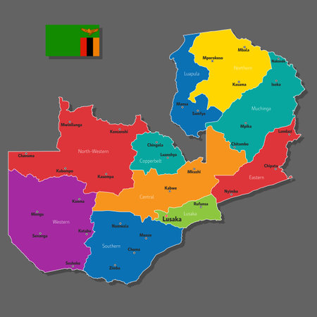 Vector map of Zambia with names of cities and with borders cityのイラスト素材
